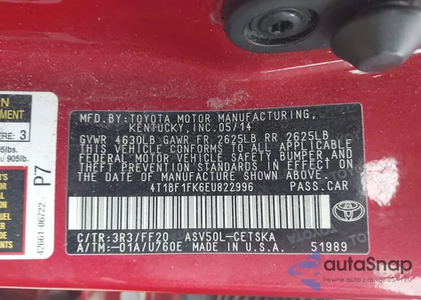 2014 Toyota Camry Se from USA, damaged, VIN 4T1BF1FK6EU822996